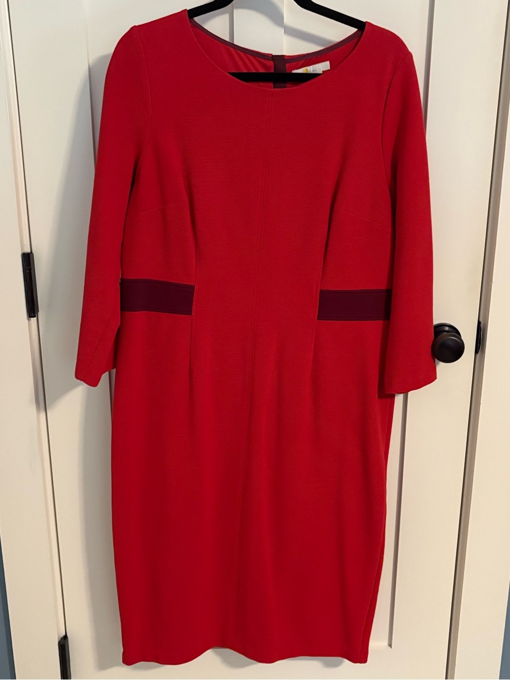 Boden Red Long-Sleeve Sheath Dress with Dark Waist Panels